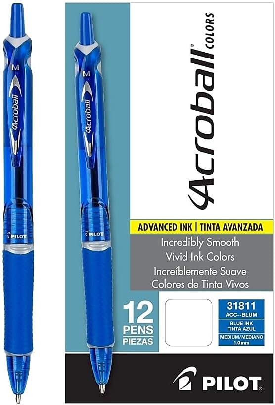 PILOT Acroball Colors Advanced Ink Refillable & Retractable Ball Point Pens, Medium Point- 12-Pack
