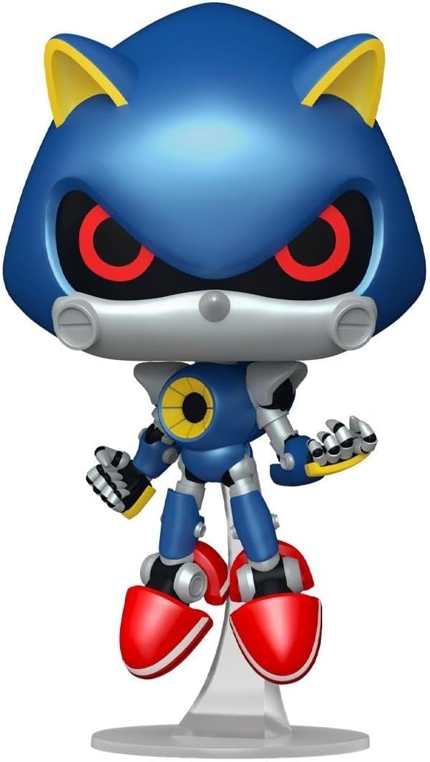 Funko Pop! vinyl figure of Sonic the Hedgehog as a robot, featuring a blue body with yellow ears, red eyes, and red-and-white boots, standing on a clear display base against a white background.