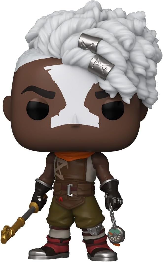 Funko Pop! vinyl figure with white braided hair and a weapon