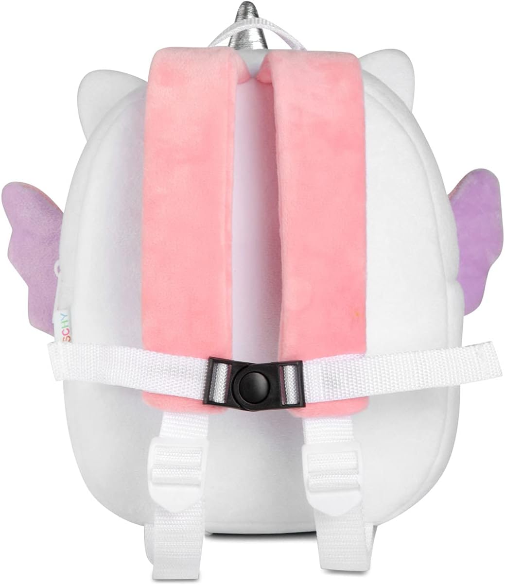 VASCHY Toddler Backpack, Baby Boys and Girls Cute Plush Animal Small Daycare Backpack for Baby Little Kids White Unicorn
