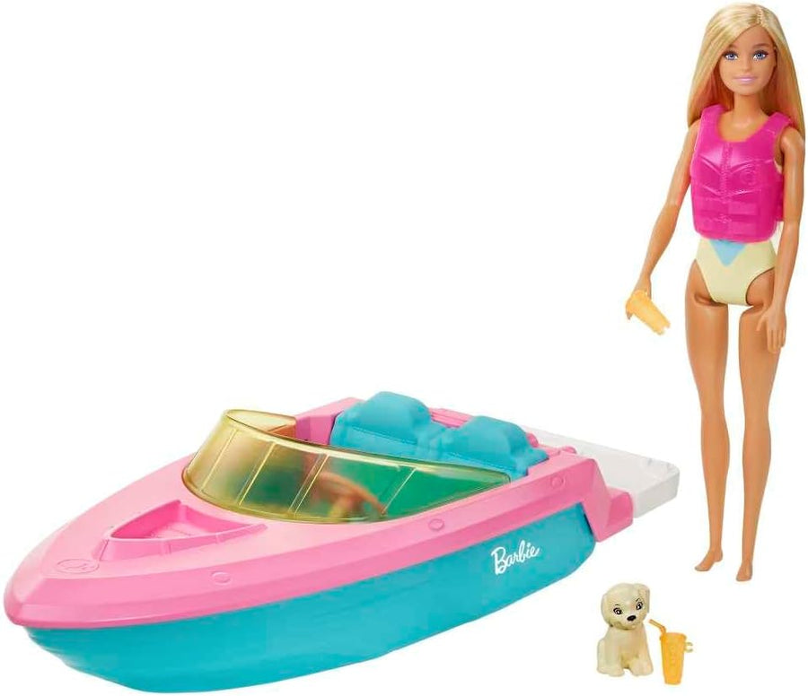 Mattel Barbie Doll And Boat With Puppy And Accessories, Floats in Water
