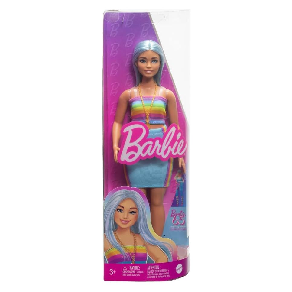 Barbie Fashionistas Doll #218 with Long Blue Hair, Rainbow Top & Teal Skirt, 65th Anniversary Collectible Fashion Doll