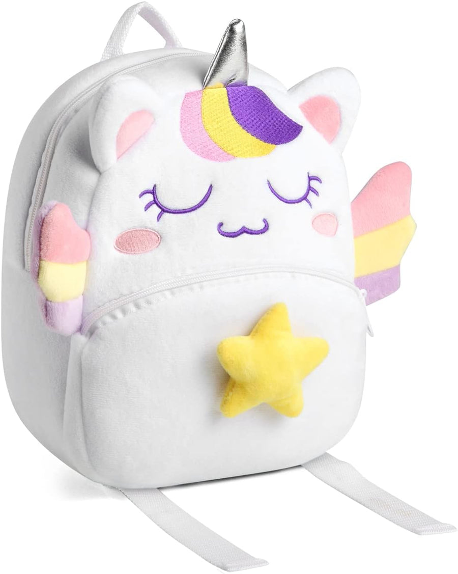 VASCHY Toddler Backpack, Baby Boys and Girls Cute Plush Animal Small Daycare Backpack for Baby Little Kids White Unicorn