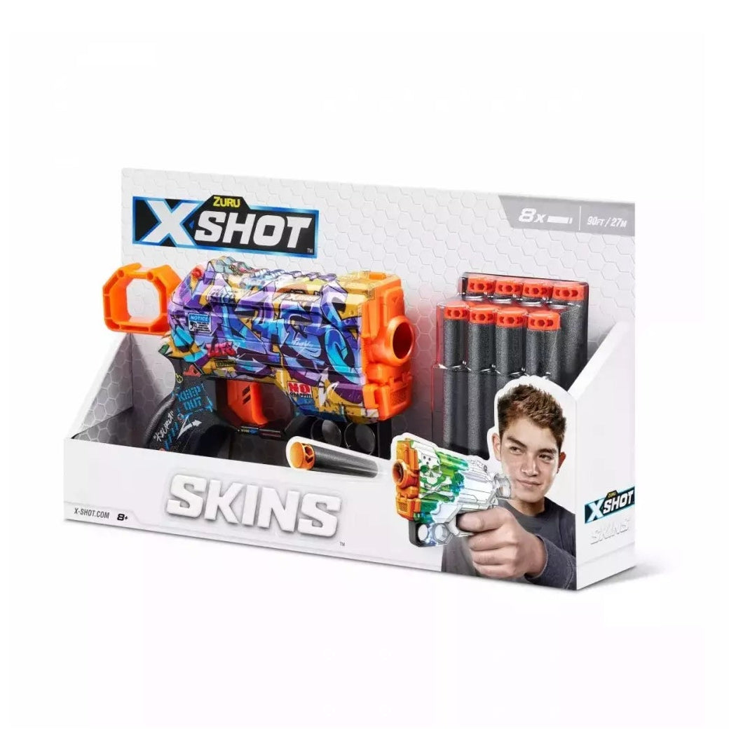ZURU X-SHOT Small pistol launcher SKINS MENACE With 8 bullets - Spray Tag