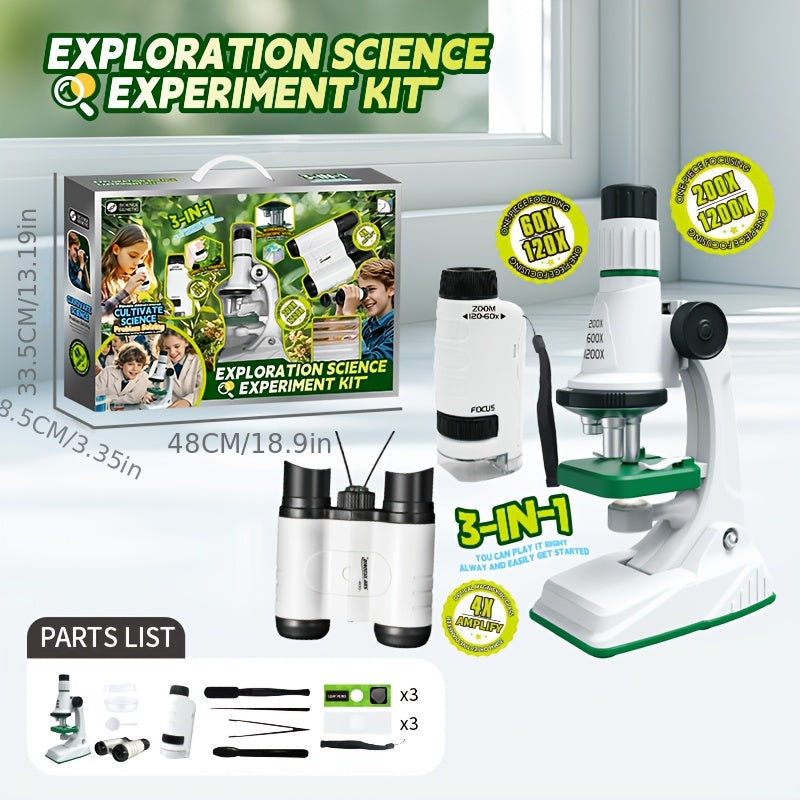 مجموعة مختبر العلوم للأطفال مع مجهر LED بقوة 1200X ومنظار وعدسة مكبرة للتعلم في مجالات العلوم والتكنولوجيا والهندسة والرياضيات
