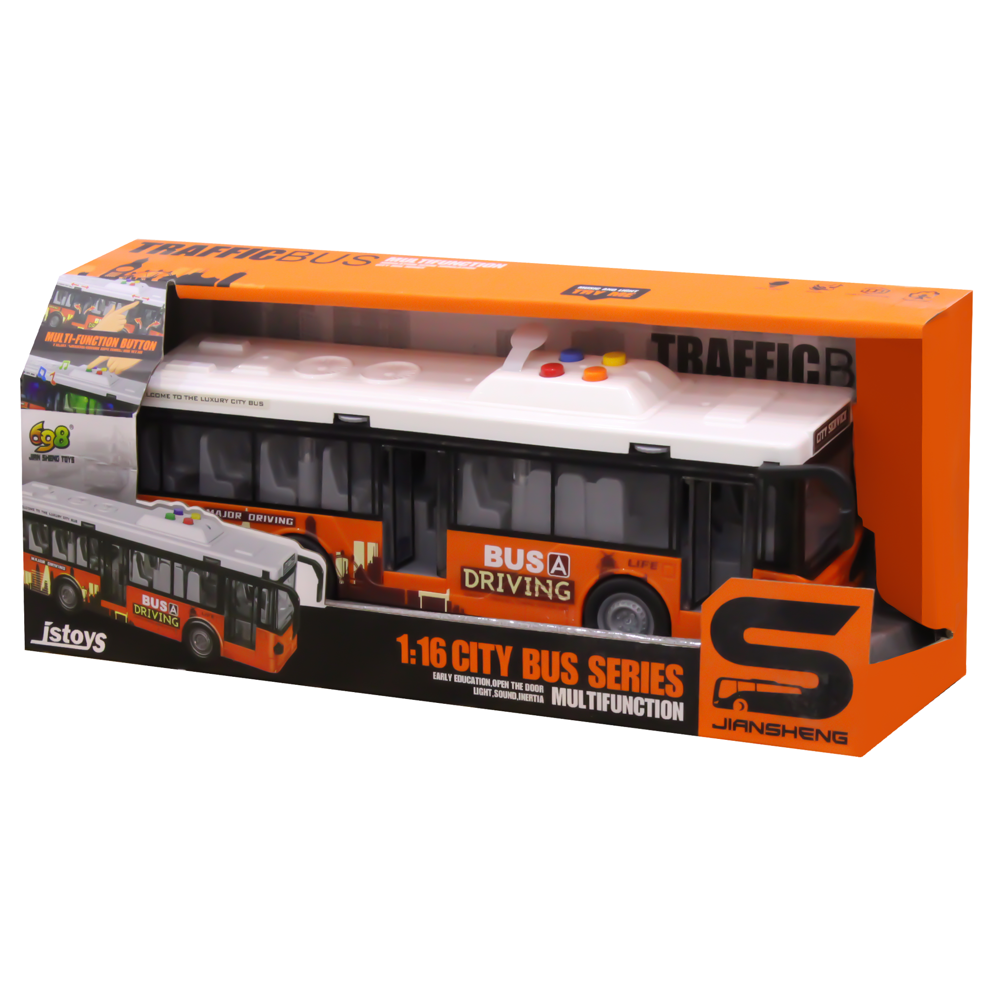 Jstoys 1:16 Toy City Bus Series with Sound and Light Doors Opening - Orange