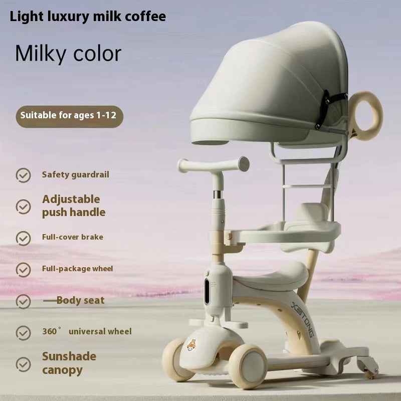 3-in-1 Multi-Function Kids Stroller and Scooter with Fence and Handbar - White/Creamy