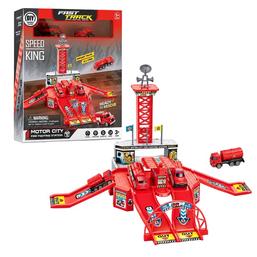 Motor City Firefighting Station Playset with Ramp & 2 Cars