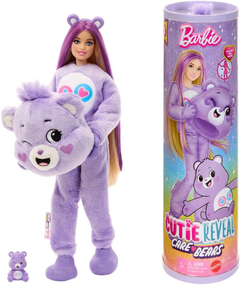 Barbie Cutie Reveal Doll & Accessories, Care Bears Series with Share Bear Plush Costume & 10 Surprises Including Color Change & Mini Bear