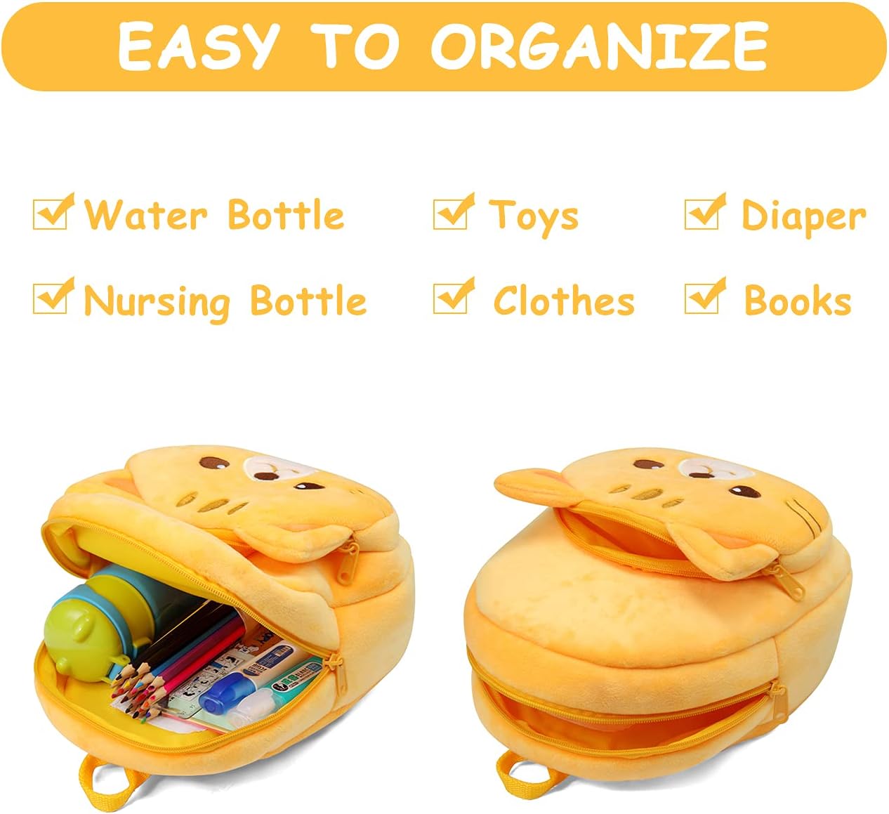 VASCHY Toddler Backpack, Baby Boys and Girls Cute Plush Animal Small Daycare Backpack for Baby Little Kids Yellow Cat