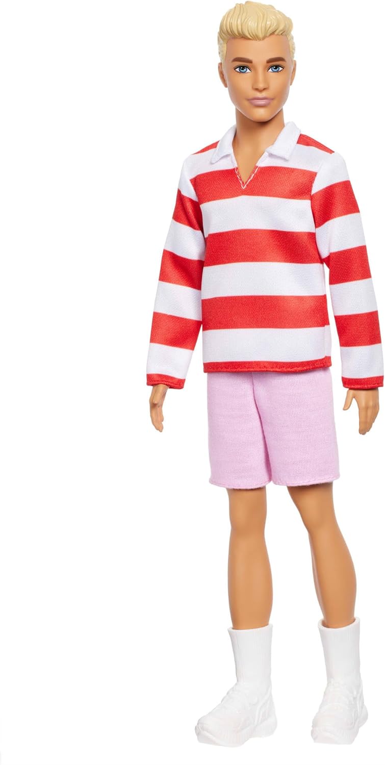 Barbie Fashionistas Ken Doll #241 with Blonde Hair Wearing Red and White Striped Polo Shirt with Pink Shorts, White Crew Socks and Sneakers