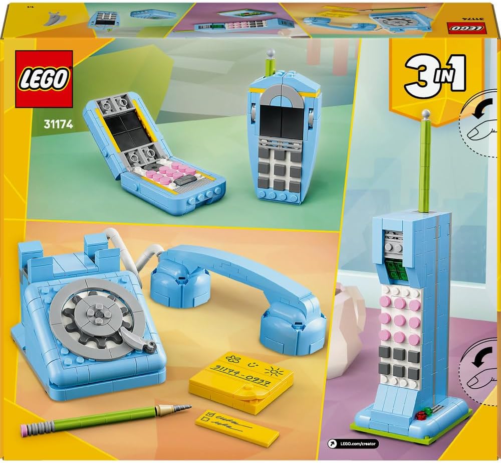 LEGO 31174 Creator 3in1 Retro Telephone Toy with Rotary Dial - Transforms into a 1980s Model or 2 Mobile Phones from the 2000s - Creative Gift for 8+ Year Old Girls & Boys