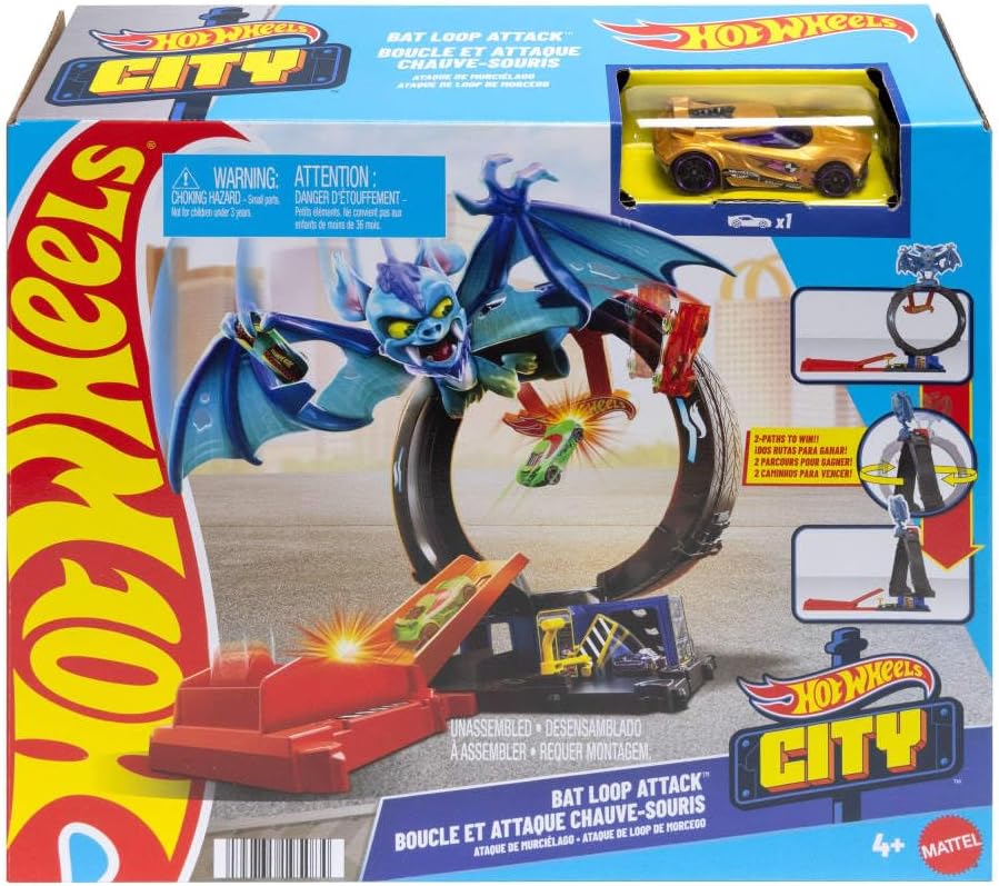 مجموعة مسار سيارة لعبة مدينة هوت ويلز ليتس ريس من نيتفليكس، هجوم الخفاش مع حلقات قابلة للتعديل وبادئ تشغيل، سيارة لعبة بمقياس 1:64