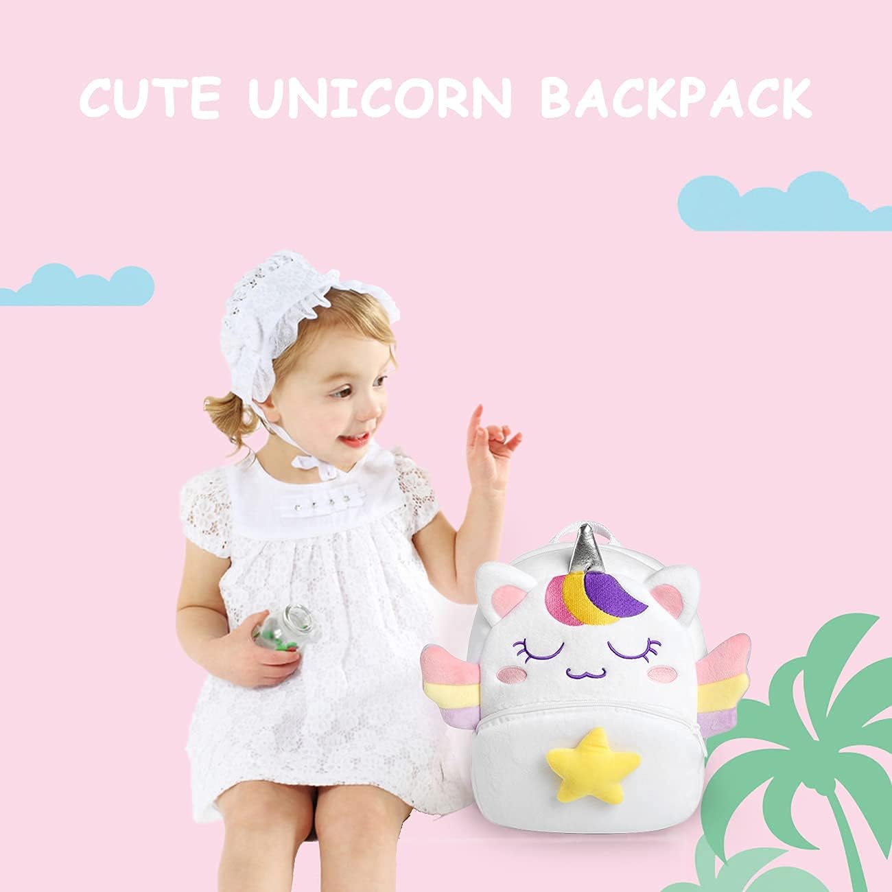 VASCHY Toddler Backpack, Baby Boys and Girls Cute Plush Animal Small Daycare Backpack for Baby Little Kids White Unicorn