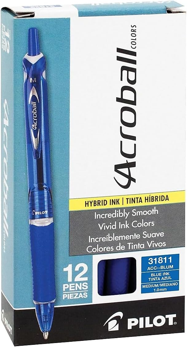 أقلام حبر جاف PILOT Acroball Colors Advanced Ink قابلة لإعادة التعبئة والسحب، متوسطة الرأس - عبوة من 12 قلمًا 