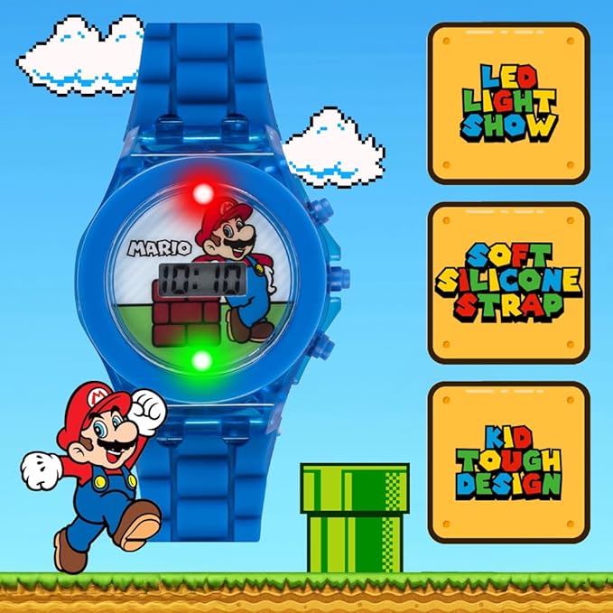 Accutime Super Mario Kids LCD Digital Watch with Flashing Lights in Dial Featuring Mario Design and Molded Silicone Strap – Easy-Read Time Display – Durable Build