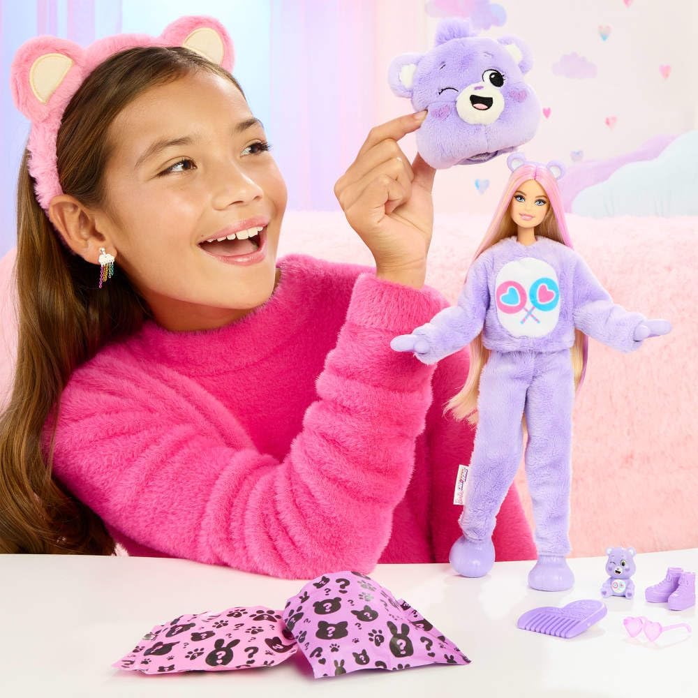 Barbie Cutie Reveal Doll & Accessories, Care Bears Series with Share Bear Plush Costume & 10 Surprises Including Color Change & Mini Bear