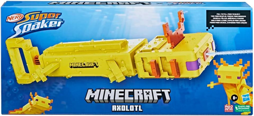 Nerf Super Soaker Minecraft Axolotl Water Blaster, Minecraft Axolotl Mob Design, Outdoor Water Toy