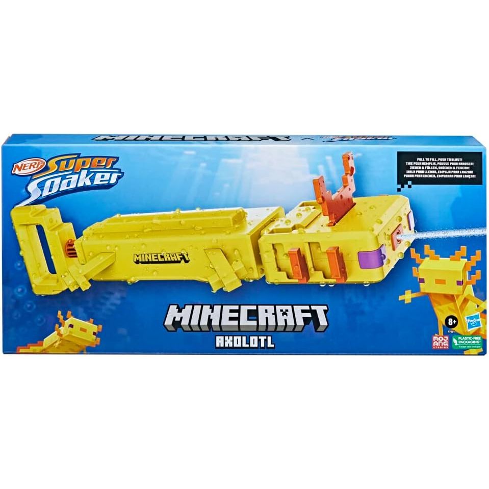 Nerf Super Soaker Minecraft Axolotl Water Blaster, Minecraft Axolotl Mob Design, Outdoor Water Toy