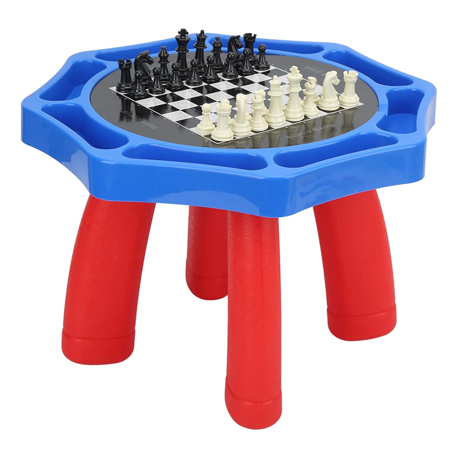 Children's chess set on a blue and red table with checkered board