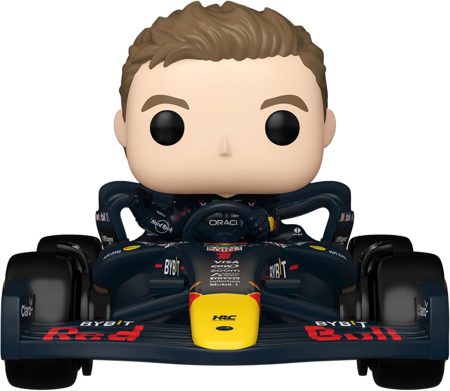 Funko Pop! vinyl figure of a racing driver in a car with visible branding 