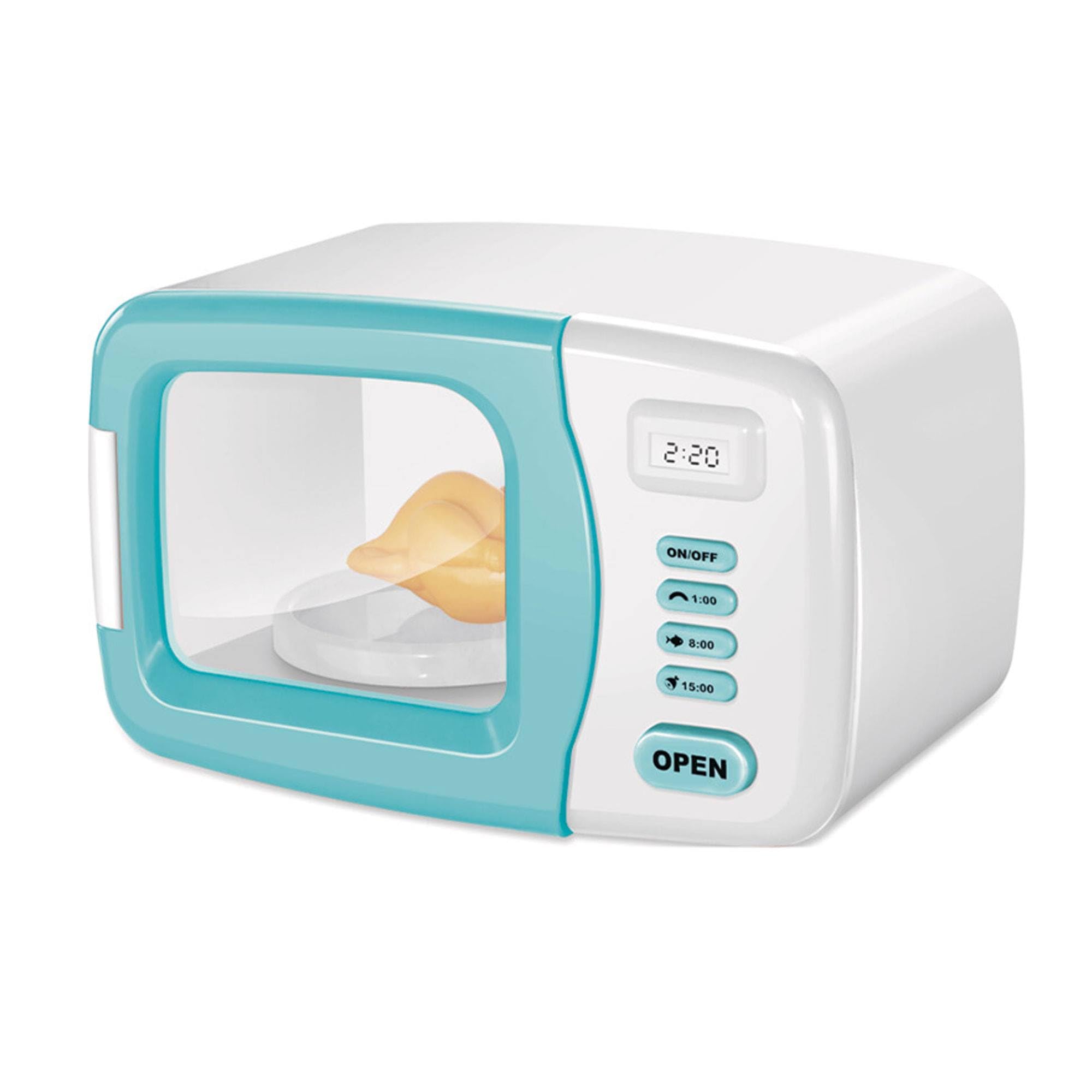 لعبة فرن ميكروويف واقعية للأطفال مع ضوء عمل وشاشة مؤقت وطعام دوار (أزرق/أبيض)