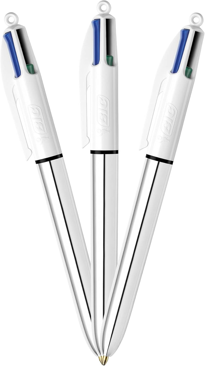 BIC 4-Color Shine Ballpoint Pen, Medium Point (1.0mm), Assorted Inks - Silver Barrel