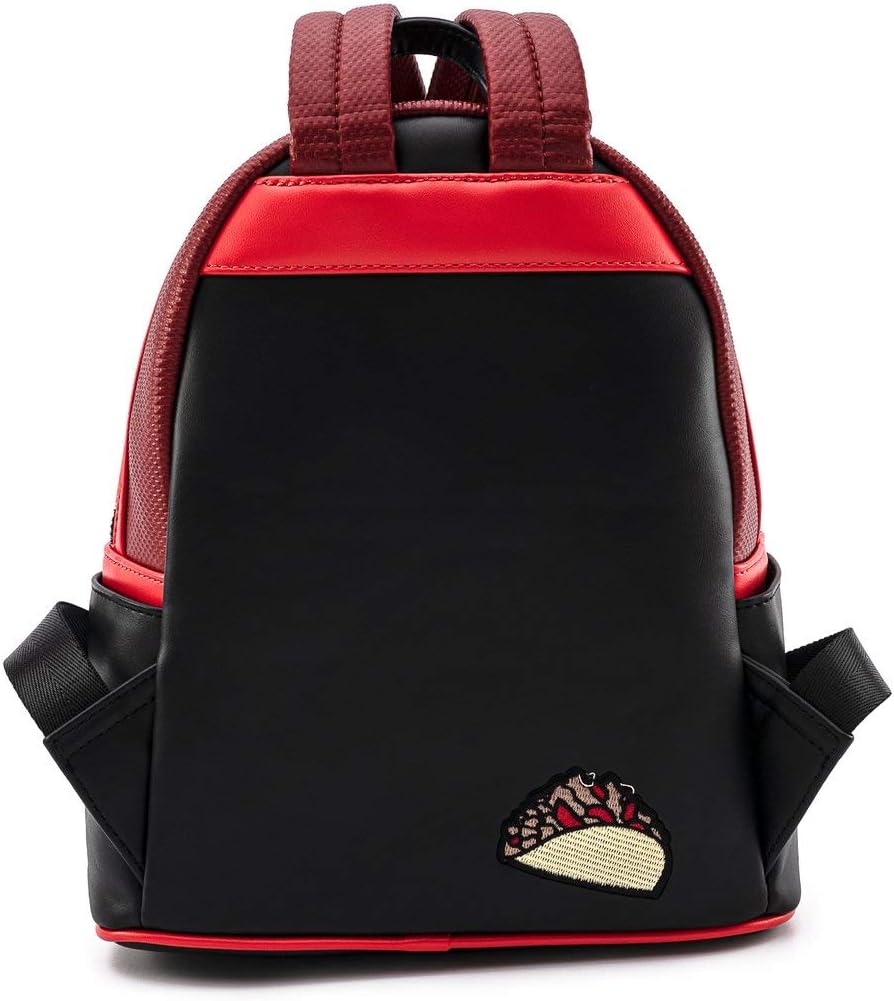 Black and red backpack with a decorative patch 