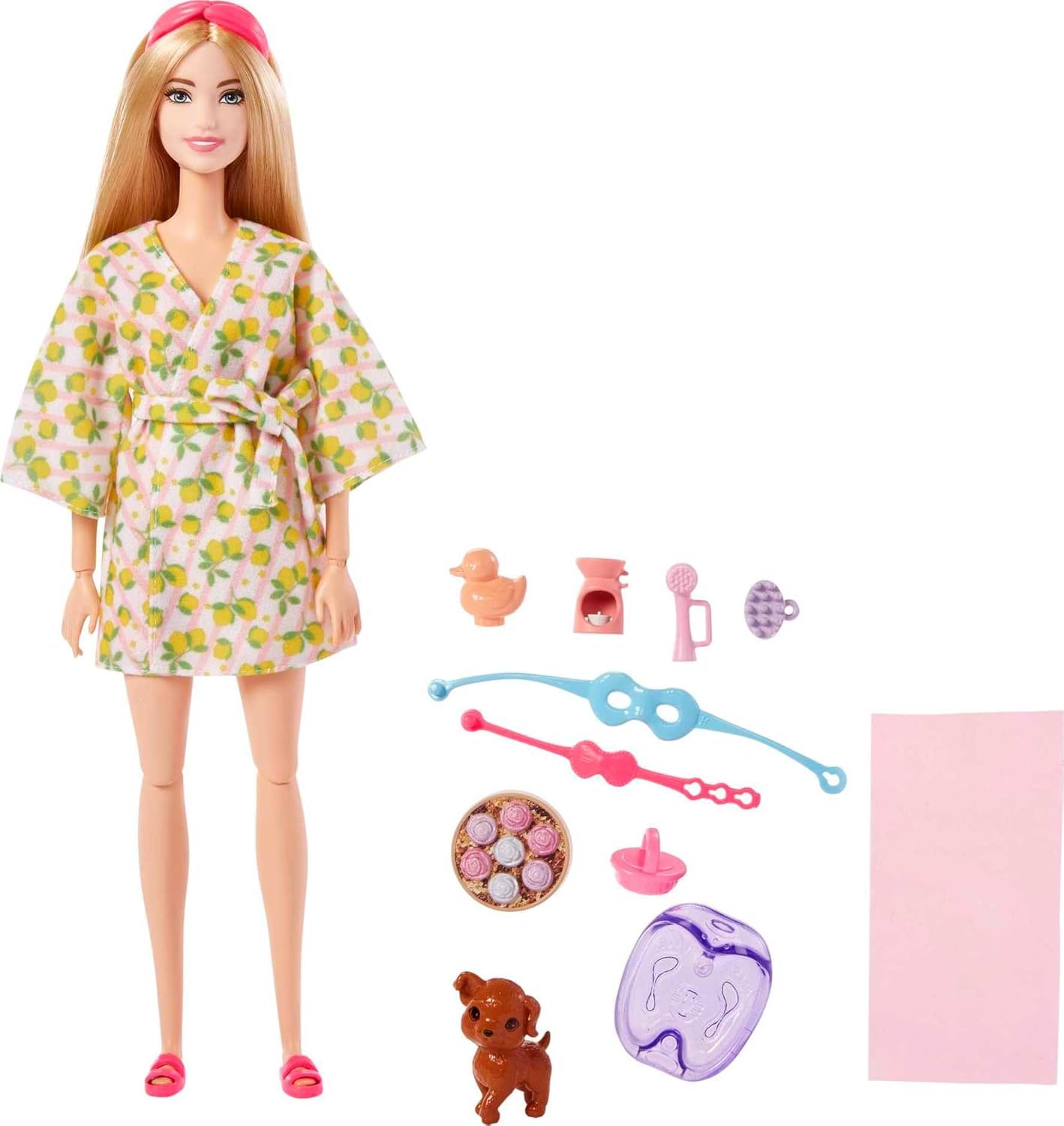 Barbie Self-Care Doll, Blonde Posable Spa Day Doll in Lemon Bathrobe with Puppy & Accessories Like Headband & Eye-Mask