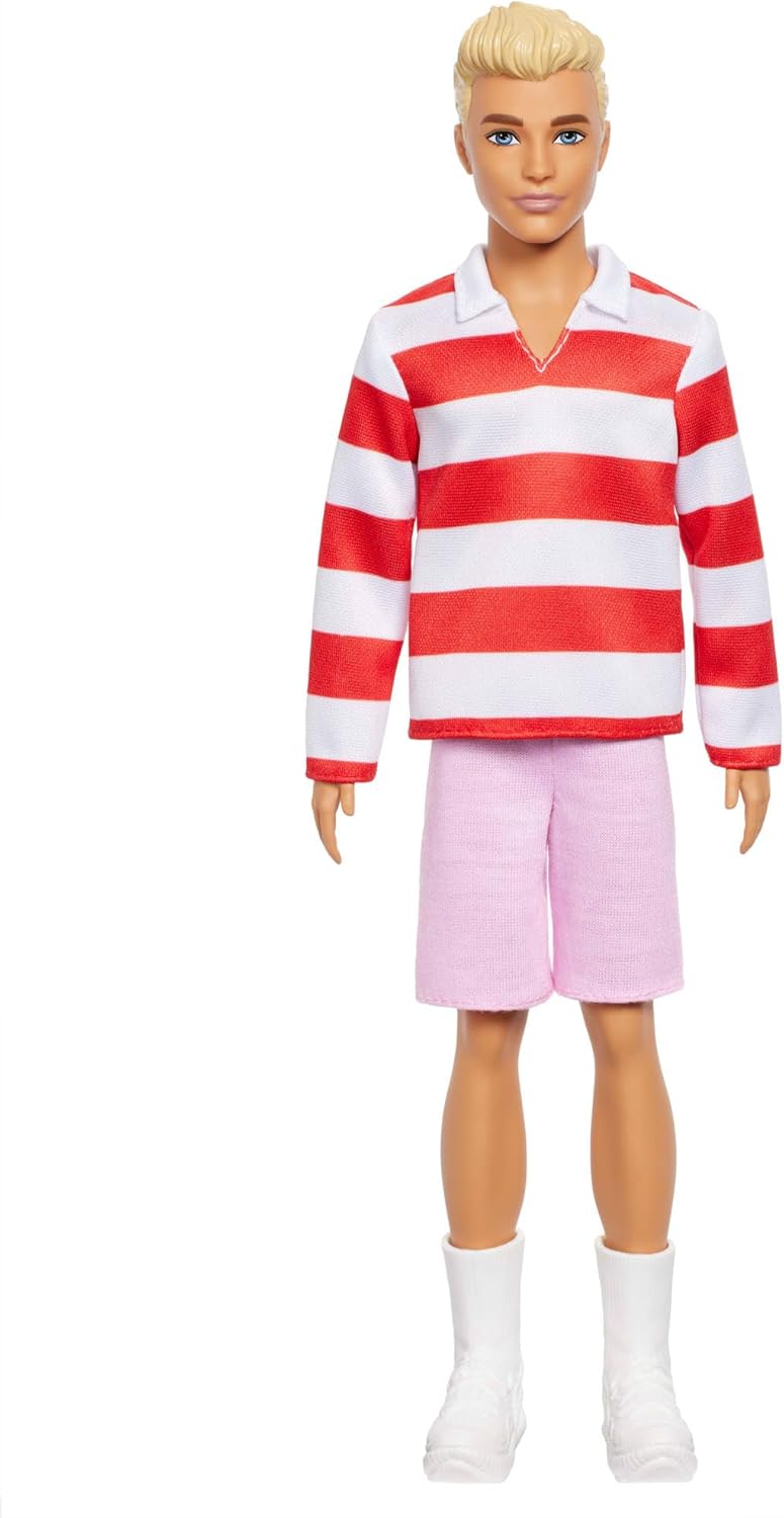 Barbie Fashionistas Ken Doll #241 with Blonde Hair Wearing Red and White Striped Polo Shirt with Pink Shorts, White Crew Socks and Sneakers