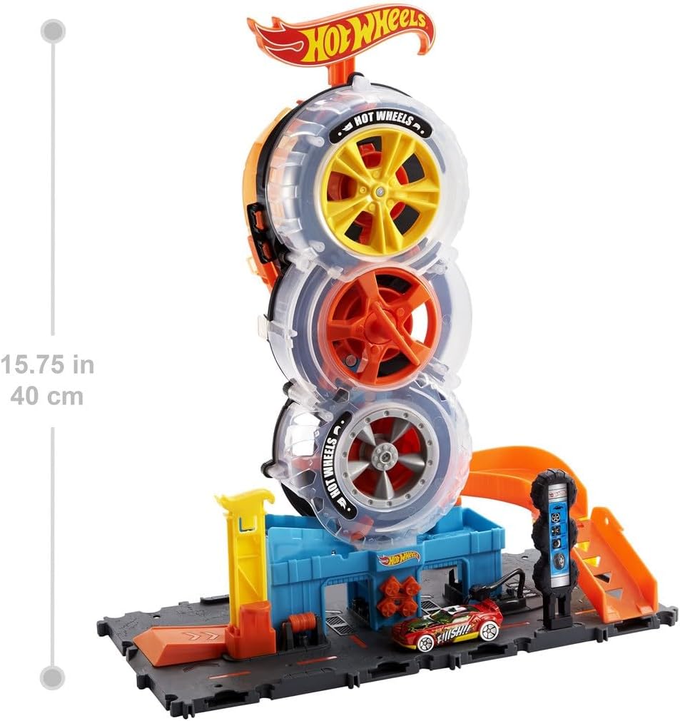 Hot Wheels Toy Car Track Set City Super Twist Tire Shop with 1:64 Scale Car, Single or Multi-Car Play