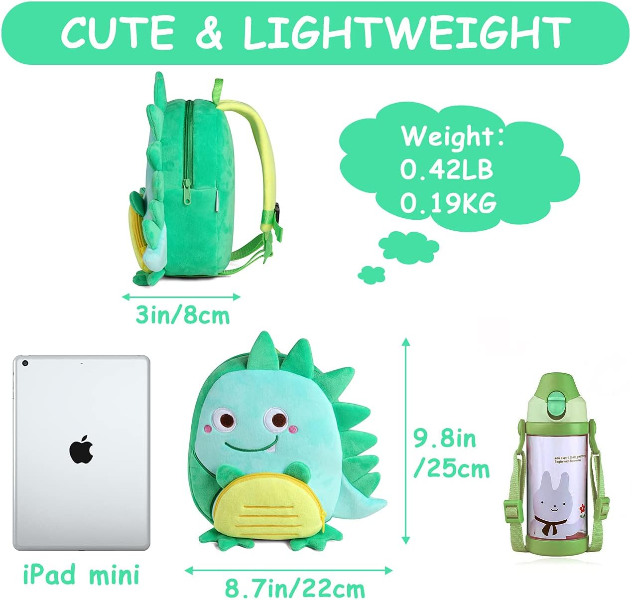 VASCHY Toddler Backpack, Baby Boys and Girls Cute Plush Animal Small Daycare Backpack for Baby Little Kids Smiling Dinosaur