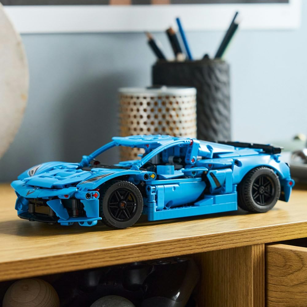 LEGO Technic Chevrolet Corvette Stingray Blue Race Car Toy - Model Kit with Moving 8-Cylinder Engine and Differential (42217)