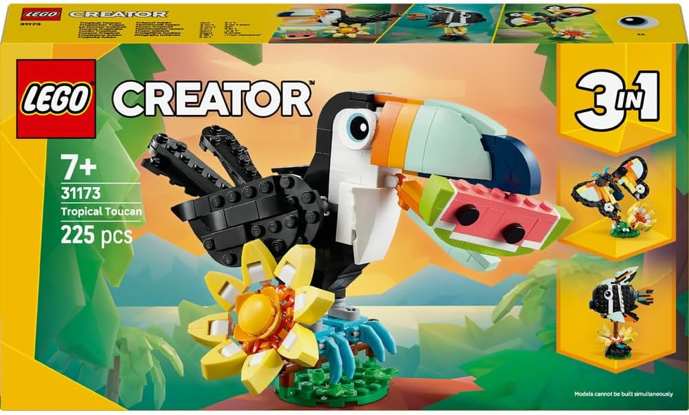 LEGO 31173 Creator 3in1 Wild Animals: Tropical Toucan with a Flower - Toy Animal Transforms into a Butterfly Figure or a Tropical Fish - Creative Gift for 7+ Year Old Girls & Boys