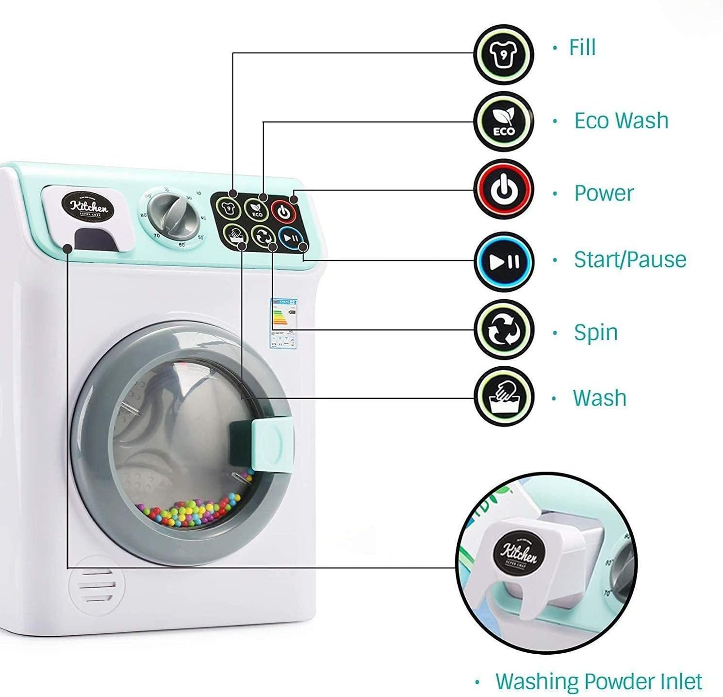 غسالتي الأولى المزودة بإضاءة وصوت، باللون الأبيض