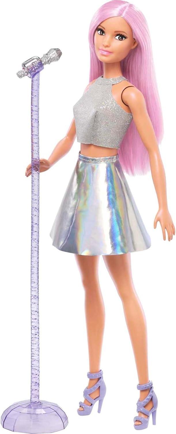 Barbie Careers Fashion Doll & Accessory: Pop Star With Pink Hair, Brown Eyes, Wearing Iridescent Skirt with Microphone