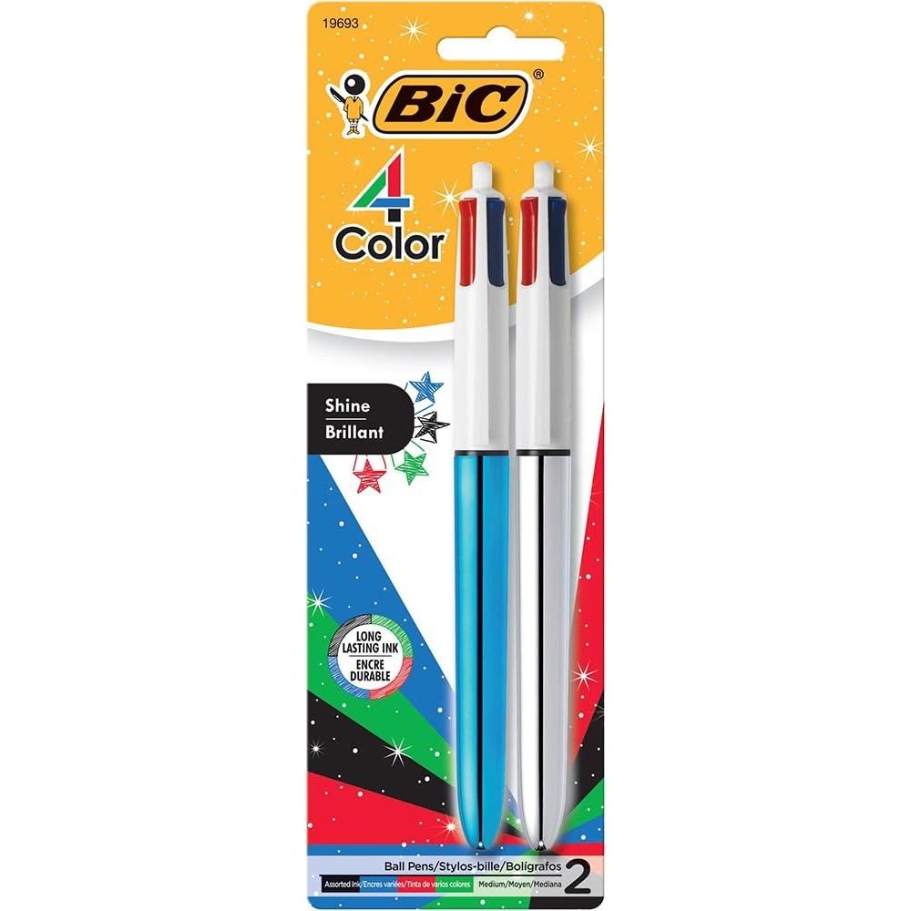 BIC 4-Color Shine Ball Pen, Medium Point (1.0 mm), Metallic Barrel, Assorted Inks, 2 Count