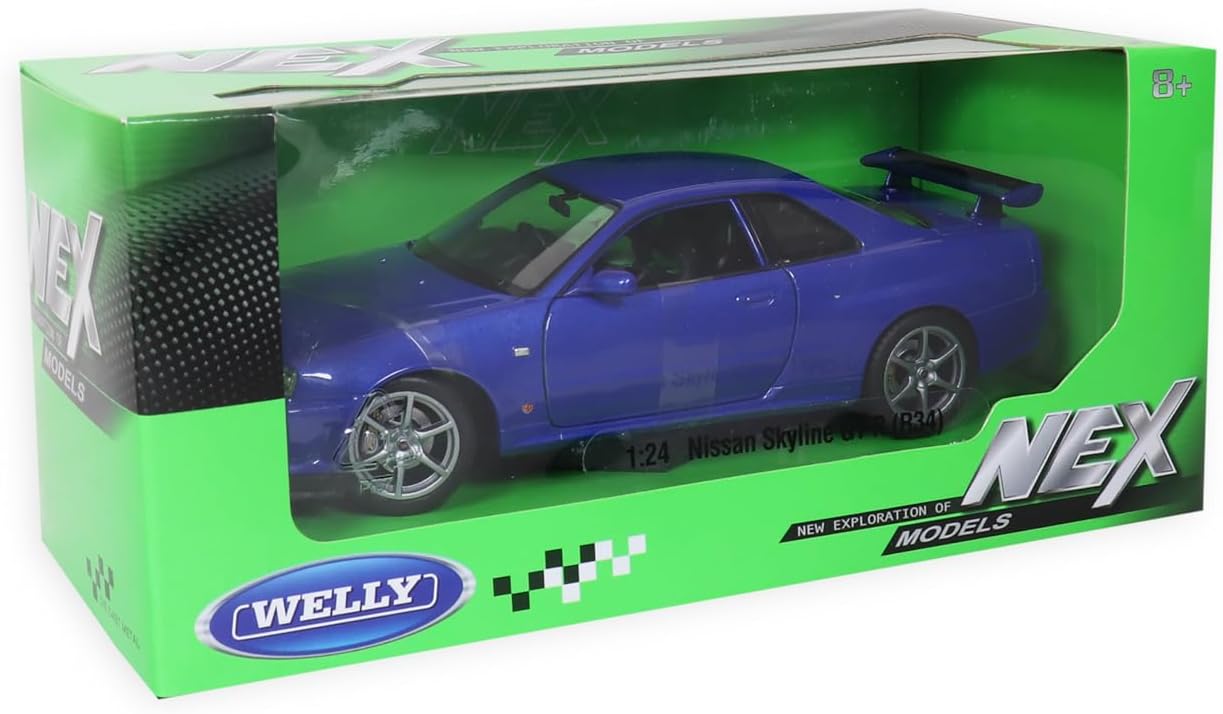 Welly Nex Die-Cast Metal Model Car 1:24- Nissan Skyline Gt-R (R34) (Colors May Vary)