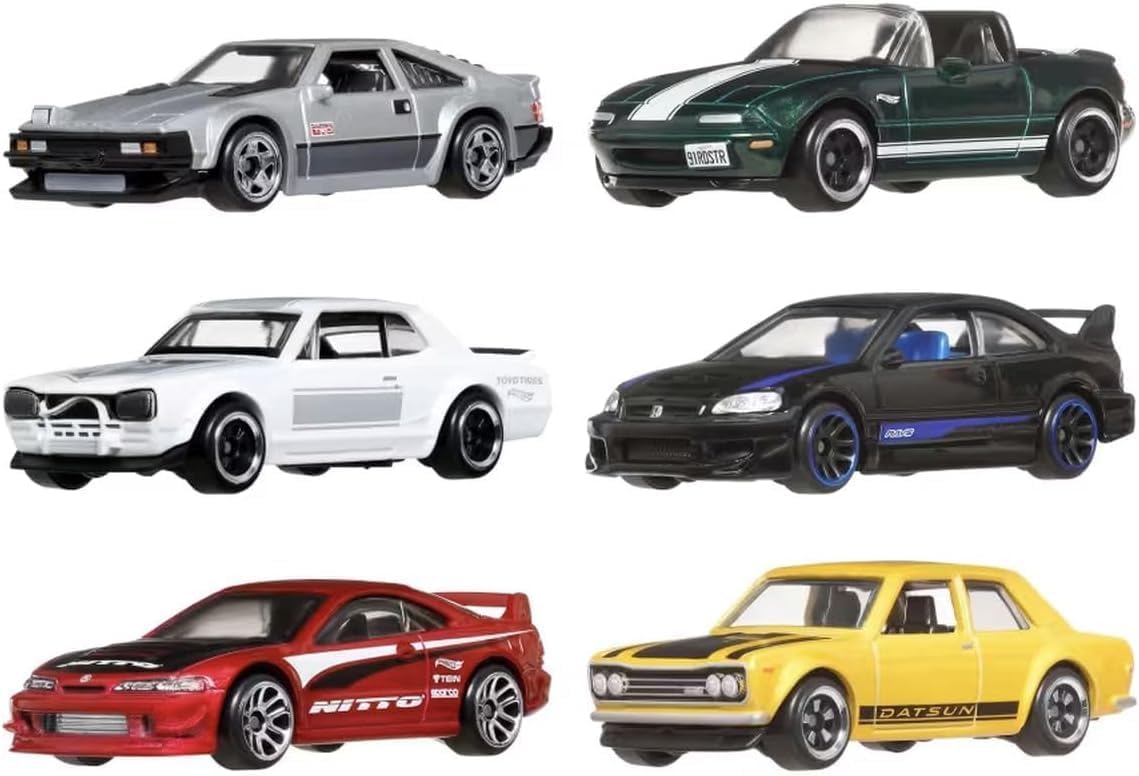 Hot Wheels Die-Cast Toy Cars, Set of 6 Japanese Vehicles with Elevated Deco 1:64 Scale  (Styles May Vary)