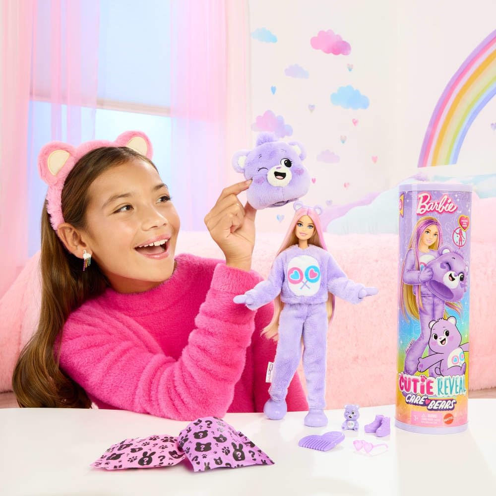 Barbie Cutie Reveal Doll & Accessories, Care Bears Series with Share Bear Plush Costume & 10 Surprises Including Color Change & Mini Bear