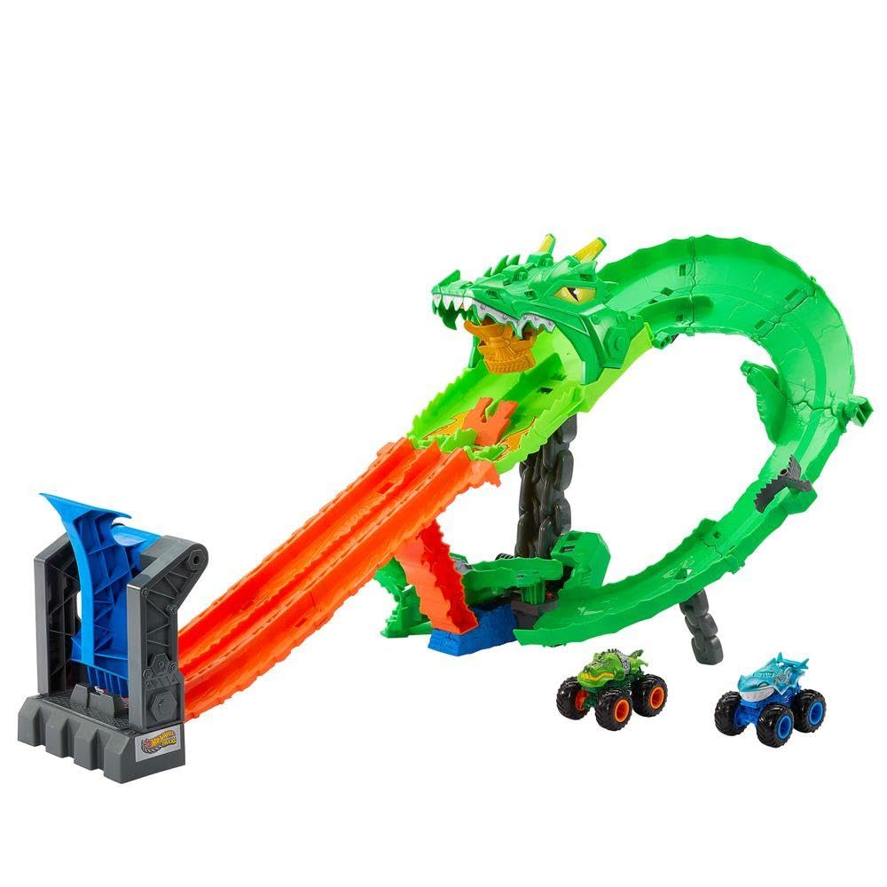 Hot Wheels Monster Trucks Sharks vs. Dinos Dragon Destruction Playset and 2 Toy Trucks