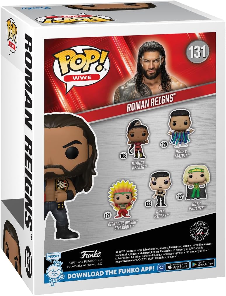Funko Pop! packaging for Roman Reigns with character illustrations 
