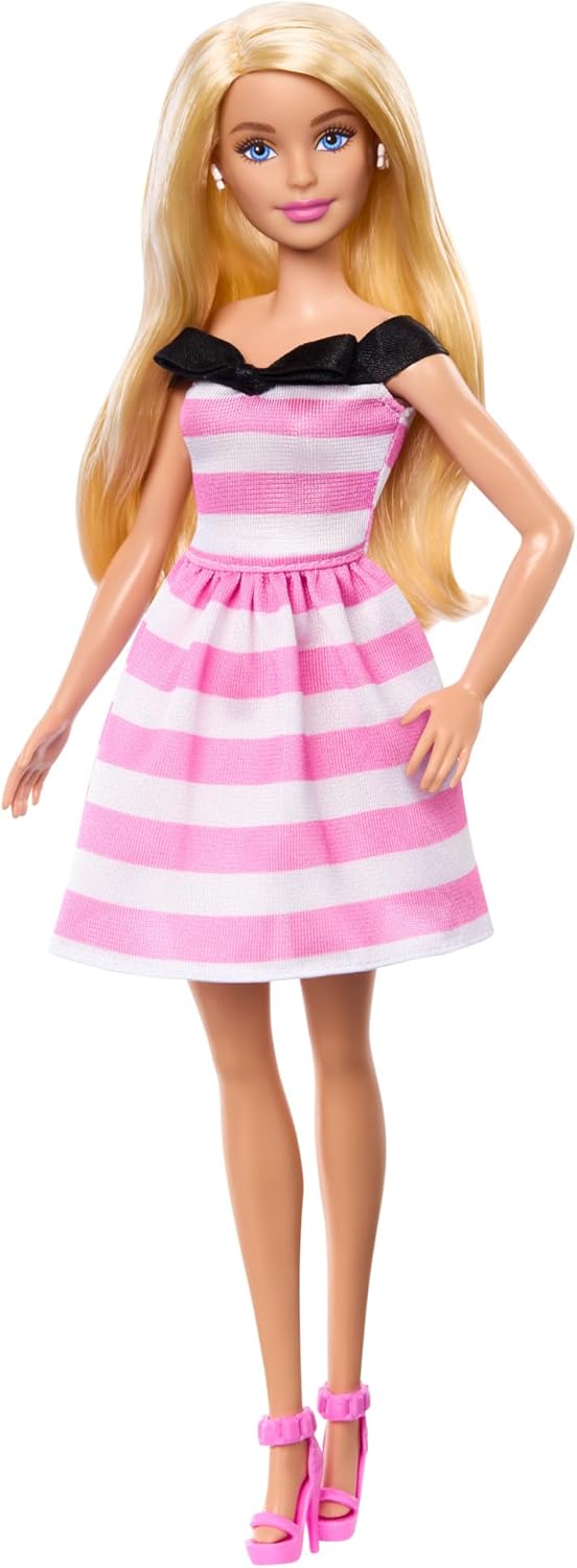 Barbie 65th Anniversary Fashion Doll With Blonde Hair, Pink Striped Dress And Accessories