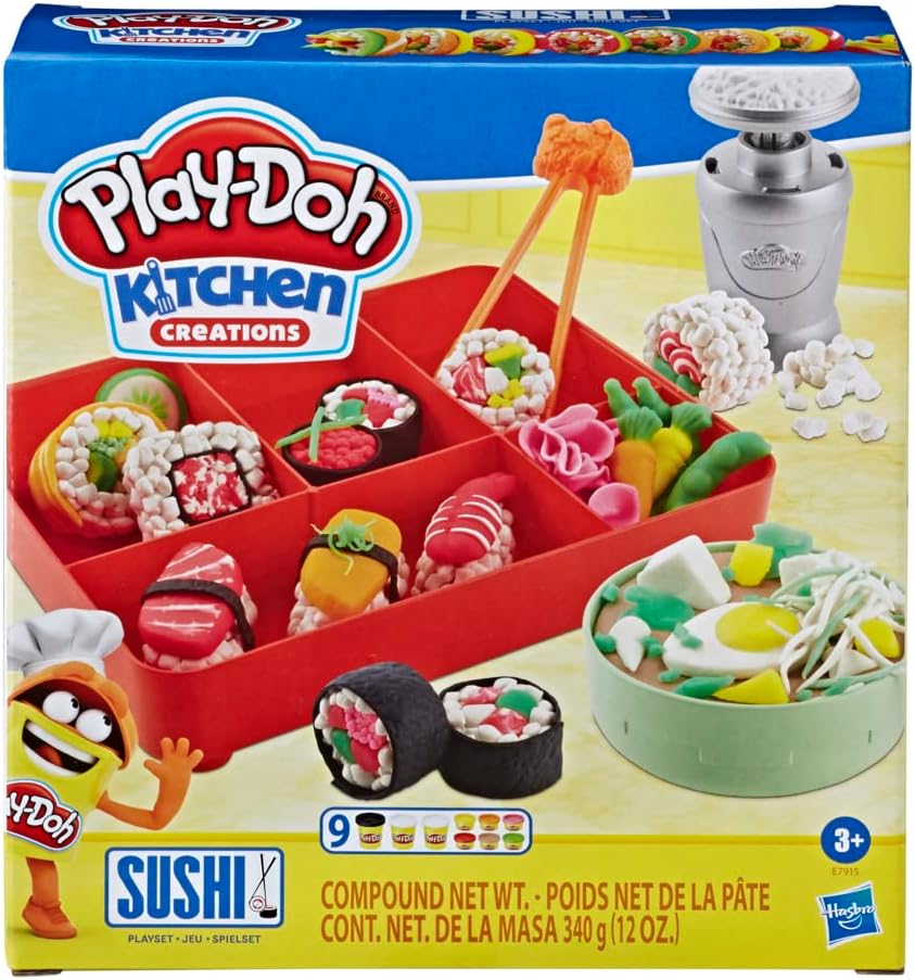 مجموعة لعب طعام السوشي من Play-Doh Kitchen Creations للأطفال من سن 3 سنوات فما فوق مع صندوق بينتو و9 علب غير سامة