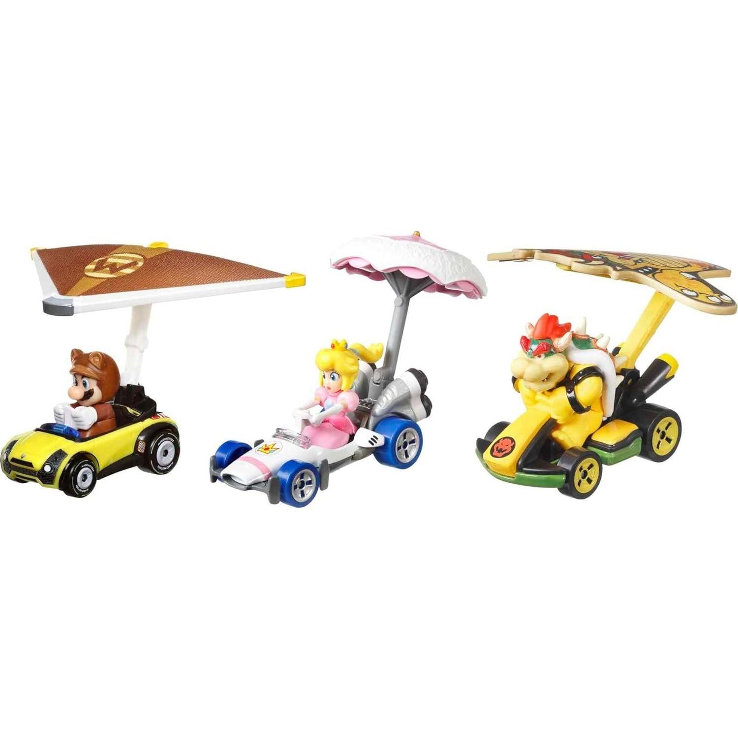 مجموعة من 3 قطع من سيارات هوت ويلز ماريو كارت مع طائرات شراعية مستوحاة من تانوكي ماريو والأميرة بيتش وباوزر