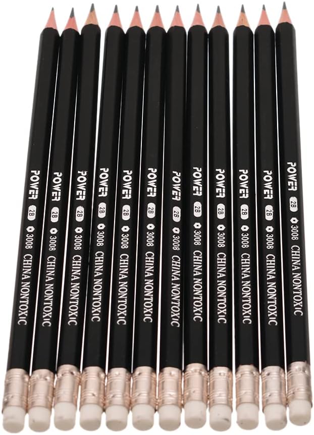 مجموعة أقلام رصاص جرافيت 2b عالية الجودة من باور en-71 تحتوي على 12 قلم رصاص - أسود