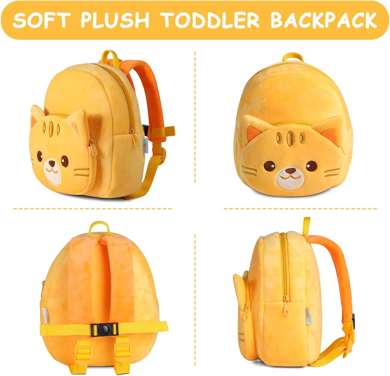 VASCHY Toddler Backpack, Baby Boys and Girls Cute Plush Animal Small Daycare Backpack for Baby Little Kids Yellow Cat