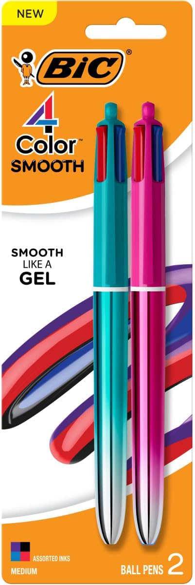 BIC 4 Color Smooth Gradient Retractable Ballpoint Pen, 1.0 mm Medium Point, 2-Count in Assorted Ink