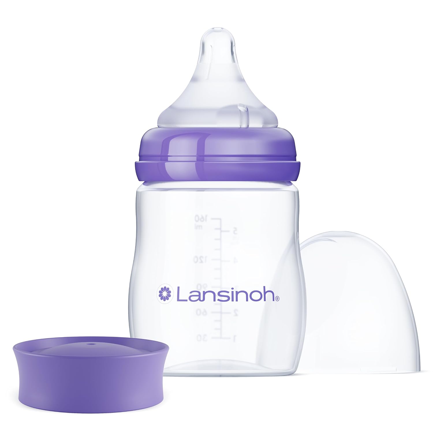 Lansinoh Anti-Colic Baby Bottle for Breastfeeding Babies, 5 Ounces, 1 Count, Includes 1 Slow Flow Nipple, Size S and Stackable Lid