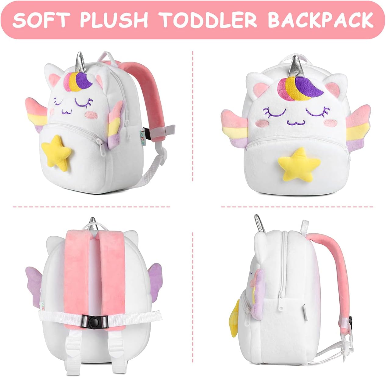 VASCHY Toddler Backpack, Baby Boys and Girls Cute Plush Animal Small Daycare Backpack for Baby Little Kids White Unicorn